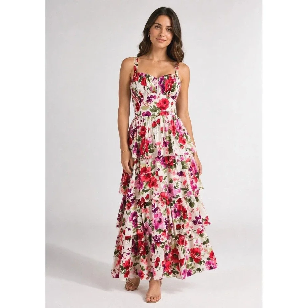 Abercrombie & Fitch Maxi Dress Women Small White Floral Tiered Tie Back Romantic